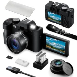 4K Digital Camera for Photography and Video Auto Focus 48MP Vlogging Travel Compact Camera,180°Flip Screen 16X Zoom with 32GB SD Card & 2 Batteries Macro Lens Black