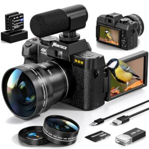 4K Digital Cameras for Photography, 48 MP Vlogging Camera for YouTube with 180° Flip Screen,16X Digital Zoom,Flash & Autofocus,52mm Wide Angle & Macro Lens,2 Batteries,32GB SD Card