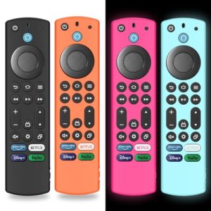 4Pack Silicone Remote Case Cover for Firestick 4K Max (2nd)/Insignia/Pioneer/Omni (QLED) Series Alexa Voice Remote Enhanced w/Lanyard, Glow in The Dark (Black+Sky Blue+Orange+Glow Rose Red)