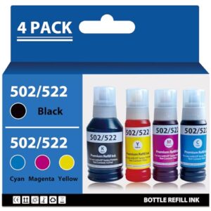 502 522 Refill Ink Bottles Replacement Compatible for Epson 502 T502 522 T522 Ink Refill Bottles for ET-2400 ET-2720 ET-2800 ET-2803 ET-2840 ET-4700 ET-4800 ET-4810 Printers 4 Pack