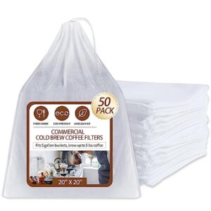 50Pcs Commercial Cold Brew Coffee Filters for 5 Gallon Buckets, 20″ X 20″ Disposable Coffee Filters with Drawstring for Brew Up To 5 LBS Coffee