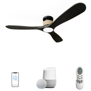 52 Inch Flush Mount Smart Wood Ceiling Fans with Light, Rustic Hemp Rope Ceiling Fans with Remote, Alexa and App, Reversible Quiet DC Motor, Timing, High CFM, Dimmable Light, Black