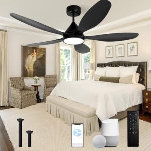 52 Inch Smart Ceiling Fans with Light, Reversible 5-Blade Ceiling Fan with Alexa,App Controls and Remote, High CFM 8811, Quiet DC Motor 6 Speed, Timing, Dimmable LED Light, Black