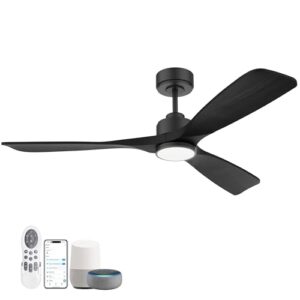 52 Inch Wood Smart Ceiling Fans with Lights Remote,Voice Control via WIFI Alexa App,Quiet DC Motor,Outdoor Indoor Ceiling Fan,Dimmable,Modern Black Lighting & Ceiling Fan for Bedroom Patio Porch