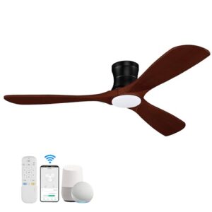 52” Smart Wood Flush Mount Ceiling Fans with Lights Remote,Quiet DC Motor,Outdoor Indoor Low Profile Ceiling Fan,Voice WIFI Alexa App Control,Dimmable,6-speed,for Modern Bedroom Patio