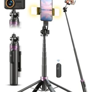 53” Selfie Stick Tripod with Light, Enhanced 4-Leg Cell Phone Stand Camera Tripod with Rechargeable Wireless Remote & 2 Fill Light, Portable Selfie Stick Travel Essentials for iPhone Android