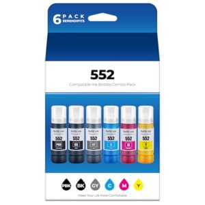 552 Ink Refill Bottles 6-Pack ET-8550 ET-8500 Ink Refill Bottle T552 Replacement for 552 Ink Refill Bottle Works with ET 8550 ET 8500 ET8550 ET8500 Printer (BK PB C M Y GY)