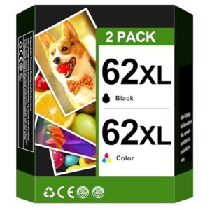 62XL Ink Cartridges Black and Color Compatible for HP Ink 62 XL 62XL Work for Envy 5540 5643 5542 5544 5545 5640 5642 5660 5665 7640 7645 8000 Officejet 5740 5741 5742 5743 5744 5745 Printer (2 Pack)