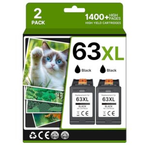 63XL Black Ink Cartridge High-Yield for HP Ink 63 Replacement for HP 63 Black Ink Cartridge Works for HP OfficeJet 3830 4650 5255 5258 5200 Envy 4520 4512 4510 DeskJet 1112 2130 3630 F6U64AN (2 Pack)
