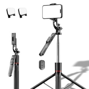 67″ Selfie Stick Tripod with 2 Fill Light, Remote Control, 360° Rotatable Phone Stand for iPhone, Travel Tripod for Vlog/Live/Photos