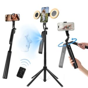 70.9″ Auto Face Tracking Tripod 360° Rotation with Stand & Light, Phone Camera Holder Stand with Remote & Gesture Control, Extendable Selfie Stick for GoPro/Travel/Vlog/Video/Tiktok/Live Streaming