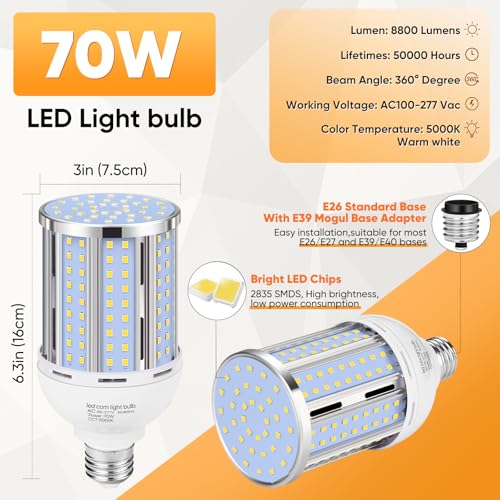 70W LED Corn Light Bulb(2 Pack),(700 Watt Equivalent) Fanless E26/E39 Medium/Large Mogul Base LED Cob Lamp 5000K Daylight 8,800LM for Outdoor Indoor Garage Warehouse Factory Workshop Street Backyard - Image 4