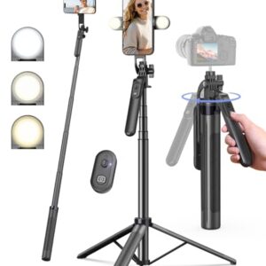 71″ Phone Tripod,Tripod for iPhone with Fill Light and Rechargeable Remote,Aluminum Selfie Stick Phone Stand Compatible with Cell Phone/Camera/Ring Light/DJI/GoPro