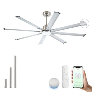 72 Inch Ceiling Fan with Light,Industrial Ceiling Fan with 8 Nickel Aluminum Blades,Smart Fan Works with Alexa,Garage Outdoor/Indoor Fan for Patio and Living Room