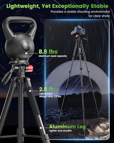 74"-Camera-Tripod, Porfessional Aluminum Heavy Duty Tripod Stand for Mirrorless Camera/DSLR/Cell Phone/Camcorder, with Holder and Travel Bag - Image 3