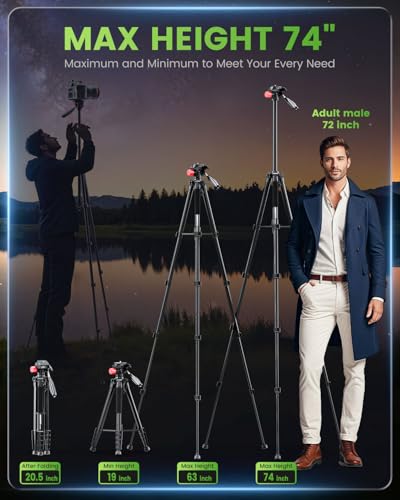 74"-Camera-Tripod, Porfessional Aluminum Heavy Duty Tripod Stand for Mirrorless Camera/DSLR/Cell Phone/Camcorder, with Holder and Travel Bag - Image 4