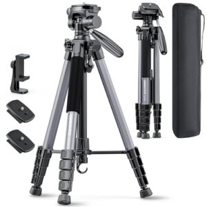 74″-Camera-Tripod, Professional Aluminum Tripod/Leg Stand Mirrorless Camera/DSLR/Cell Phone/Camcorder/GoPro, with Phone Holder and Travel Bag (Gunmetal Gray) Weight 2.8 lbs Load 8.8 lbs