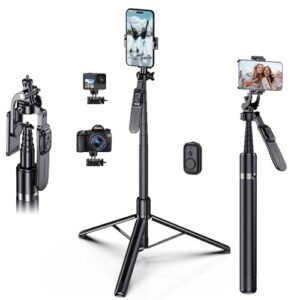 80″ Extra Tall Tripod for iPhone with Remote, 360° Rotating All-in-1 Extendable Selfie Stick for iPhone, Phone Tripod Stand for Video Recording, Compatible with Android, Camera, GoPro