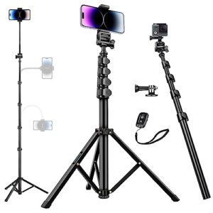 80″ Phone Tripod, Selfie Stick Cellphone Tripod, Aluminum Tripods Stand for Video Photo Vlog, Travel Tripods with Gooseneck Remote Phone Holder, Compatible with iPhone Android Smartphone