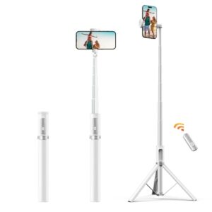 ATUMTEK 62″ Selfie Stick Tripod, Extendable Aluminum Tripod with Rechargeable Bluetooth Remote, Compatible with iPhone and Android Smartphones, Perfect for Travel, Vlog, Video and Photo, White