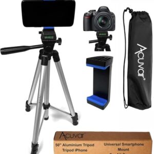 Acuvar 50″ Aluminum Tripod for iPhone Camera & Camcorder with Phone Holder, Phone Stand to Fit All Phones, iPhone & All Samsung Galaxy Android & Nikon Canon Sony Olympus Fuji Cameras with Travel Bag