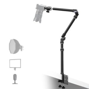【All Metal】RAUBAY Desktop Magic Arm, Overhead Camera Desk Mount, Table Light Stand with 1/4“ Ball Head, 3/8″ & 5/8″ Adapter, C Clamp, Retractable Boom Arm for DSLR, Webcam, Microphone, Projector DMA01