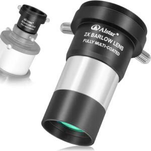Alstar 2X Barlow Lens, 1.25 inch Fully Multi-Coated Metal Barlow Lens with M42x0.75 Thread Camera Interface for Telescopes Eyepiece, Two Fixing Thumbscrews