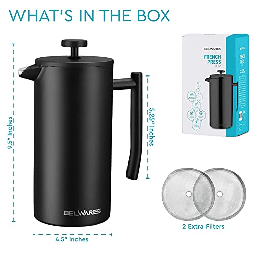 Belwares French Press Coffee Maker 50 OZ - Large Insulated Stainless Steel 304 Coffee Press with Double Wall & 4-Level Filtration System (Black - 1.5L) - Image 4