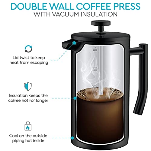 Belwares French Press Coffee Maker 50 OZ - Large Insulated Stainless Steel 304 Coffee Press with Double Wall & 4-Level Filtration System (Black - 1.5L) - Image 7