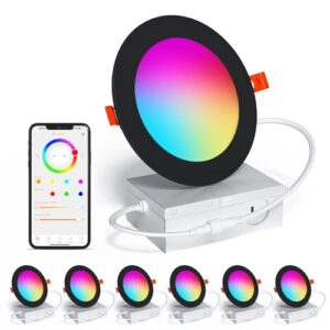 Black Smart Recessed Lighting 6 Inch RGBCW Color Changing 16W LED Downlight with Junction Box,1350 Lumen Recessed Ceiling Light Compatible with Alexa,Dimmable by Bluetooth Control -6Pack