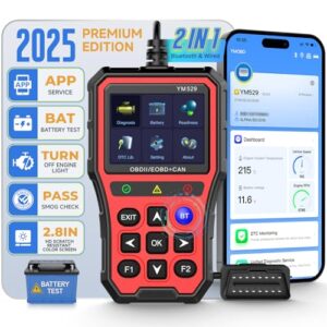 Bluetooth OBD2 Scanner with Battery Tester & Monitoring & Life Test – Support Checking Car Diagnostic Information on iPhone & Android, 2.8 inch HD Large Color Screen, TPU case Protection, Red