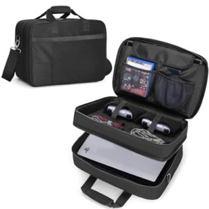 CURMIO Game Console Carrying Case Compatible with PS5/ PS5 Slim/ Xbox One/One S/ One X, Xbox Series S, Travel Bag with Multiple Pockets for Laptop (Up to 15.6″), Controller, Black (Bag Only)