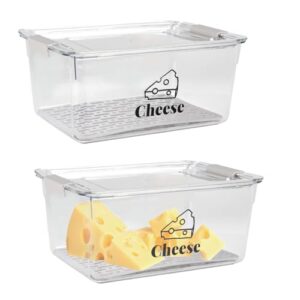 Cheese Container Airtight with Draining Basket Cream Cheese Sliced Cheeses Box with Lid Saver for Fridge Cheeses Keeper Cream Block Shredded Storage Box Saver (Clear – 2 Pack)