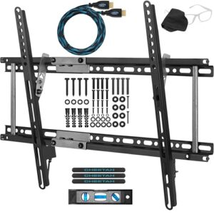 Cheetah APTMM2B Tilt TV Wall Mount, fits 32 to 85 Inch TVs, 165lbs and VESA 600, Flat/Flush or Tilting, Slim/Thin Low Profile 1.3 in, Wide for up to 24″ Studs, Universal Mounting Bracket