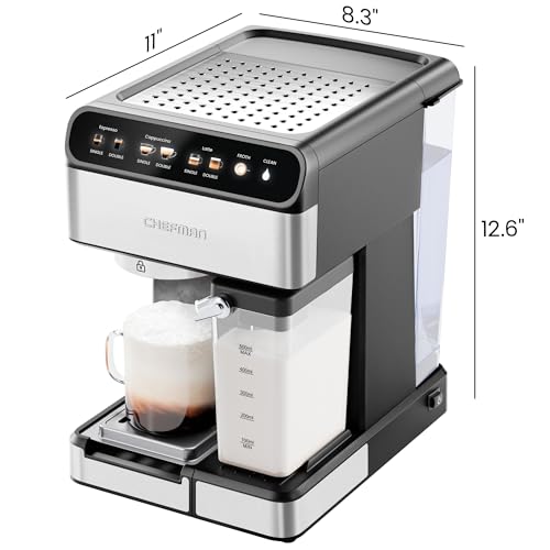 Chefman CaféMaster Pro Espresso Machine, Brew Single or Double Shots, Coffee Maker with Built-In Milk Frother for Cappuccino & Latte, XL 1.8 Liter Removable Water Reservoir - Stainless Steel - Image 3