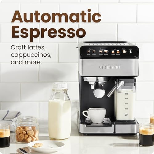 Chefman CaféMaster Pro Espresso Machine, Brew Single or Double Shots, Coffee Maker with Built-In Milk Frother for Cappuccino & Latte, XL 1.8 Liter Removable Water Reservoir - Stainless Steel - Image 4