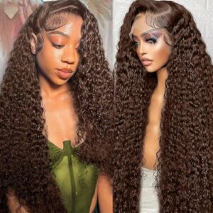 Chocolate Brown Deep Wave Wigs 13×6 HD Transparent Lace Front Wigs 4# Brown Colored Human Hair Wigs for Women Pre Plucked with Baby Hair 220% Density（34 inch）