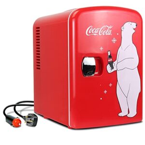 Coca-Cola Classic Coke Bottle 4L Mini Fridge w/ 12V DC and 110V AC Cords, 6 Can Portable Cooler, Personal Travel Refrigerator for Snacks Lunch Drinks Cosmetics, Desk Home Office Dorm, Red