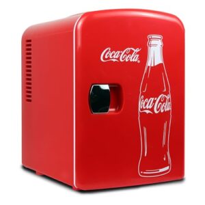 Coca-Cola Classic Coke Bottle 4L Mini Fridge w/ 12V DC and 110V AC Cords, 6 Can Portable Cooler, Personal Travel Refrigerator for Snacks Lunch Drinks Cosmetics, Desk Home Office Dorm, Red