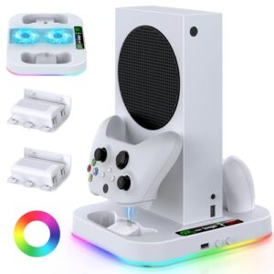 Cooling Stand for Xbox Series S Console with 15 Light Modes, MENEEA Dual Fast Charger Station with 2x1400mAH Batteries,Cooler System Accessories with 3-Speed Adjustable Fan, 2.0 USB Port