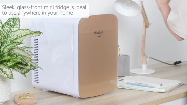 Cooluli 15L Mini Fridge for Bedroom - Car, Office Desk & College Dorm Room - 12v Portable Cooler & Warmer for Food, Drinks, Skincare, Beauty & Makeup - AC/DC Small Refrigerator with Glass Front, Gold - Image 8