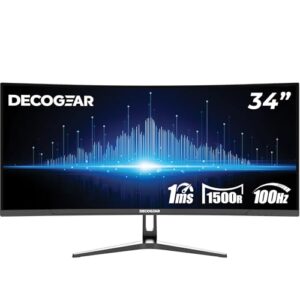 Deco Gear 34” Curved Ultrawide Business Monitor | 3440×1440, 100Hz, 1500R, 99% sRGB | Adjustable Stand, 2 HDMI and 2 DisplayPort | HDR, Low Blue Light, PIP/PBP