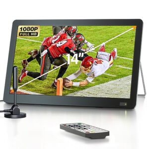 Desobry 14 inch PortableTV with Antenna, Portable Small TV with ATSC Tuner,Rechargeable Mini TV LCD Monitor 1080P,Built-in TV Stand,HDMI Input,USB,AV in,Supports Camping,Kitchen,Car