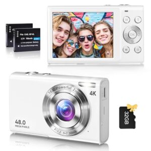 Digital Camera, 4K Vlogging Camera for YouTube Autofocus 48MP UHD Cameras for Photography with Anti-Shake, 16X Digital Zoom Point and Shoot Digital Camera with 32GB Card for Teens Adult Beginner-White