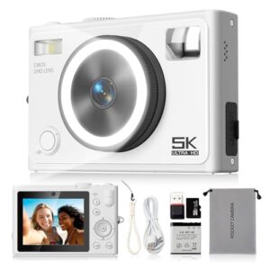Digital Camera, 5K 72MP Autofocus Beauty Camera with 360° Ring Light Smart Skin Recognition, 32GB SD Card That Makes Dark Light Shooting Worry-Free, Point and Shoot Camera for Teens Beginners White