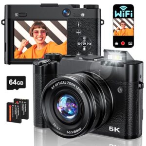 Digital Camera, 6X Optical Zoom & WiFi, 5K 30FPS 64MP Vlogging Camera, Rear and Front Cameras for Photography and Video, Autofocus & Anti-Shake, Travel Selfie for YouTube with Flash Dial 64GB Card