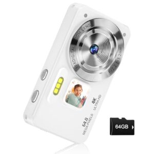 Digital Camera, Autofocus 4K 64MP Point and Shoot Digital Cameras for Teens with 64GB Card, 18X Zoom Anti-Shake Compact Video Camera for Student Kids Boys Girls Beginner – White