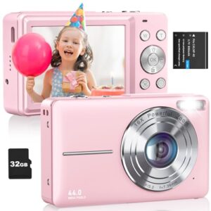 Digital Camera, FHD 1080P Kids Camera 44MP Point and Shoot Digital Cameras with 32GB Card, Lanyard, 16X Zoom Anti Shake, Vintage Portable Small Camera for Kids Boys Girls Teens Students, Pink