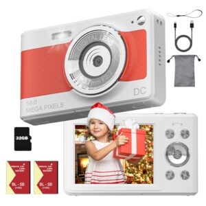 Digital Camera FHD 1080P Video Camera Kids, 56M Compact Kids Digital Camera with 32GB Memory Card,2 Batteries-Orange-White