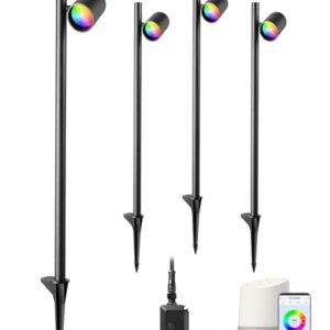 EDISHINE 48Ft Smart LED Landscape Lighting, 300LM Low Voltage Outdoor Spotlgiht, RGBW IP67 Waterproof 12V Landscape Lights, APP Control, Height & 320° Head Adjustable, Compatible with Alexa, 4 Pack